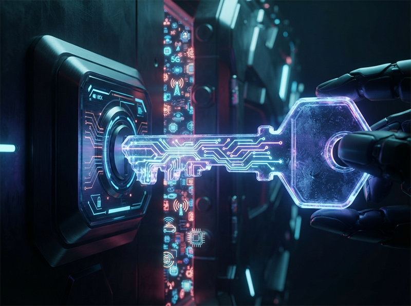 A symbolic image of a high-tech key shaped like a circuit, unlocking a vault door that reveals icons for 5G and automotive markets, representing how picosecond lasers grant market access.