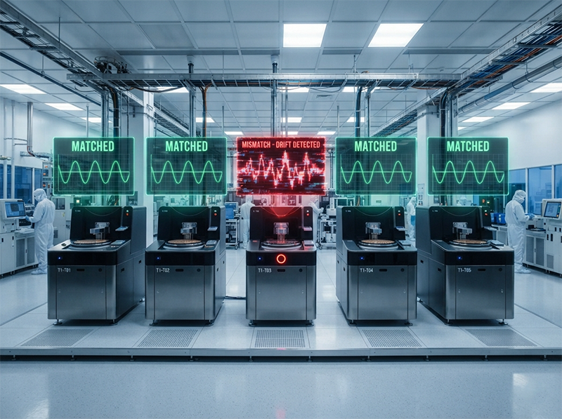 An image of several identical metrology machines in a row, where most show a green 'matched' status while one displays a red 'mismatch' error, visualizing the tool-to-tool consistency problem in a fleet.