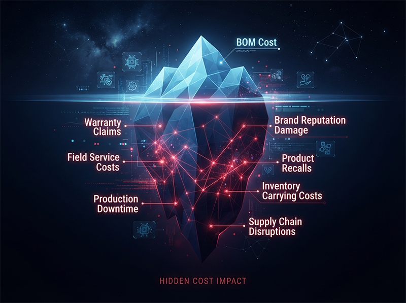 An infographic of an iceberg illustrating Total Cost of Ownership. The small visible tip is 'BOM Cost,' while the large submerged part reveals huge hidden costs like 'Downtime' and 'Service Costs'.