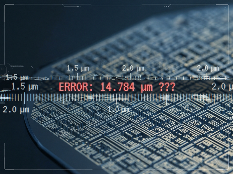 A symbolic image of a perfect microscopic circuit being measured by a digital ruler that is glitching and inaccurate, representing how an unstable measurement tool can 'lie' and create false data.