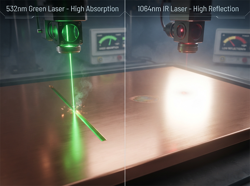 A side-by-side comparison showing a green picosecond laser efficiently cutting copper, while an infrared laser reflects off, demonstrating the importance of wavelength.