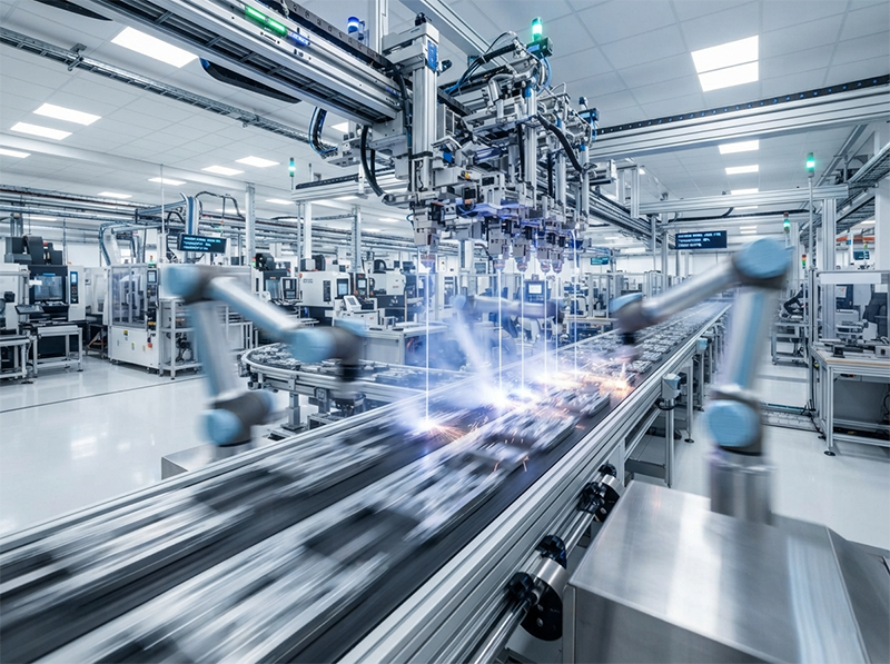 An automated production line where a high-power picosecond laser rapidly processes multiple components, symbolizing how average power drives manufacturing throughput.