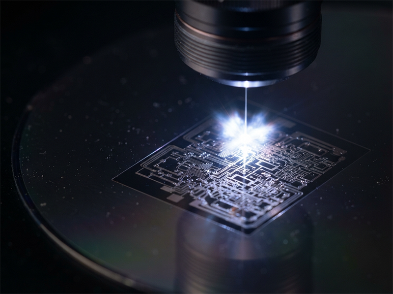 A macro image showing a picosecond laser pulse carving a microscopic, precise pattern onto a material, representing the fine control of pulse energy and duration.