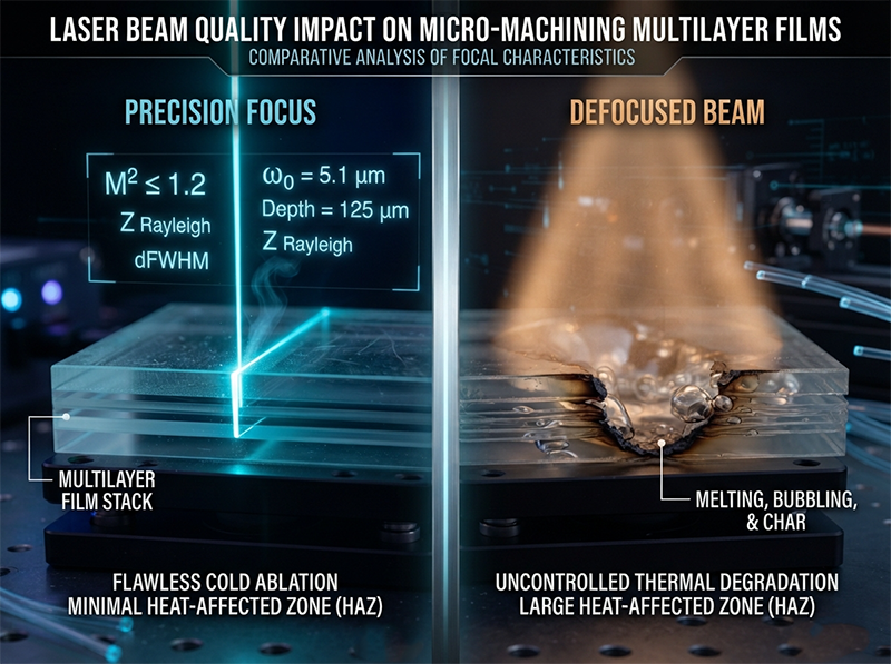 A 3D split-screen illustration comparing a tightly focused laser beam with good M² making a clean cut versus a defocused beam causing thermal damage in optical films.