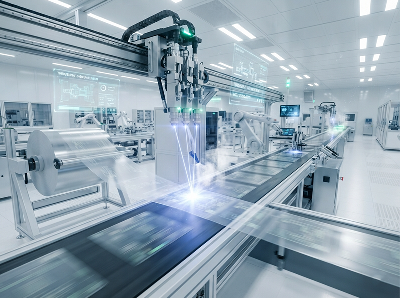 An automated production line where a high-power laser rapidly processes transparent film components on a fast-moving conveyor, representing high-throughput manufacturing.