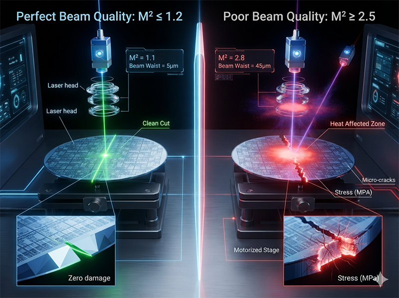 A split-screen technical diagram comparing the effect of laser beam quality on a GaN wafer. One side shows a focused beam with good M² making a clean cut, while the other shows a diffuse beam with a halo causing edge chipping and stress.