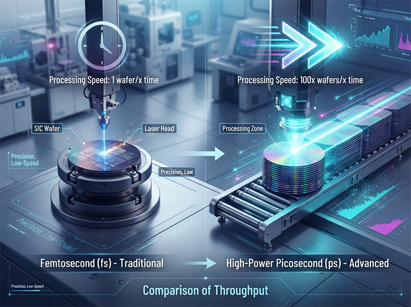 A conceptual image comparing laser dicing throughput, showing a slow, single-wafer femtosecond process versus a fast, high-volume picosecond process that triples parts-per-hour.
