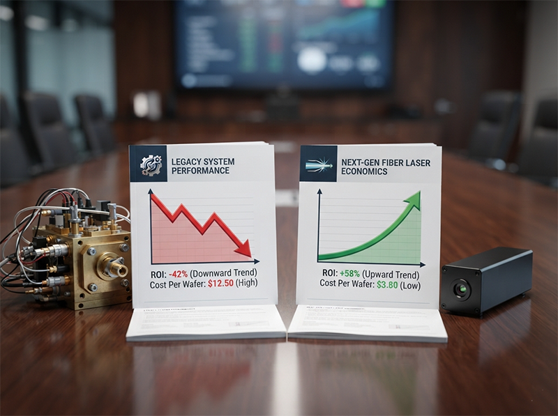 A symbolic image showing two financial reports. One report, representing an over-specified femtosecond laser, shows poor ROI, while the other, representing a cost-effective picosecond laser, shows high ROI, illustrating the hidden cost of specification redundancy.