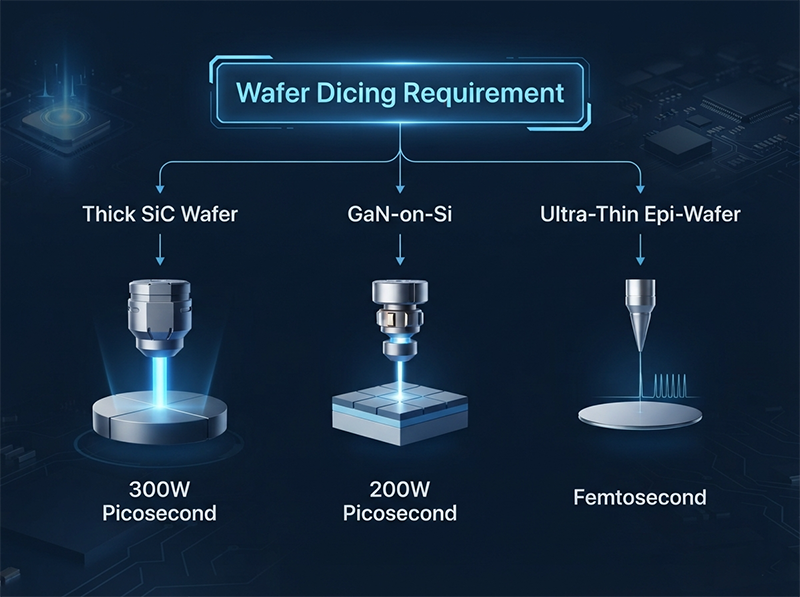 An infographic decision tree that helps engineers select the right laser (picosecond or femtosecond) based on their specific wafer type, such as SiC, GaN-on-Si, or ultra-thin wafers.