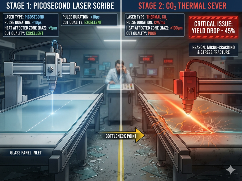 An infographic illustrating the bottleneck of a two-step laser process, where a secondary CO₂ laser introduces thermal stress and cracks into the glass, leading to yield loss during manufacturing