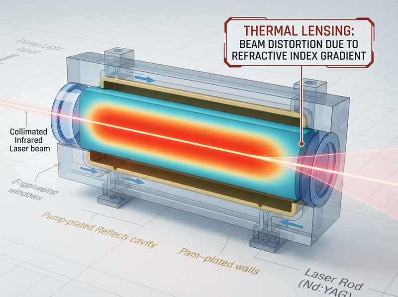 A 3D technical diagram illustrating thermal lensing in a laser crystal, where heat buildup in the center causes a passing laser beam to distort and bend, explaining the physics of power drift.
