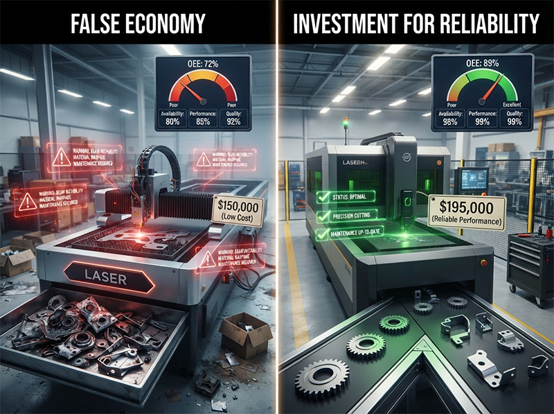 A split-screen comparison showing the hidden costs of a cheaper laser with scrap and low OEE versus a more expensive, stable laser producing perfect parts and high OEE.