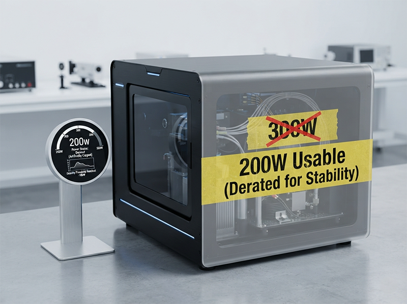 A conceptual illustration of specification redundancy, showing a 300W laser being derated to 200W to maintain stability, highlighting the hidden cost of paying for unusable peak power.