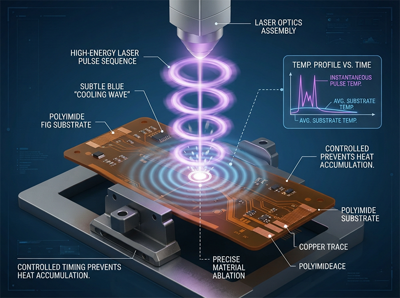 A technical 3D illustration of laser pulse timing on a flexible PCB, showing high-energy bursts separated by precise cooling intervals to prevent heat accumulation and micro-delamination.