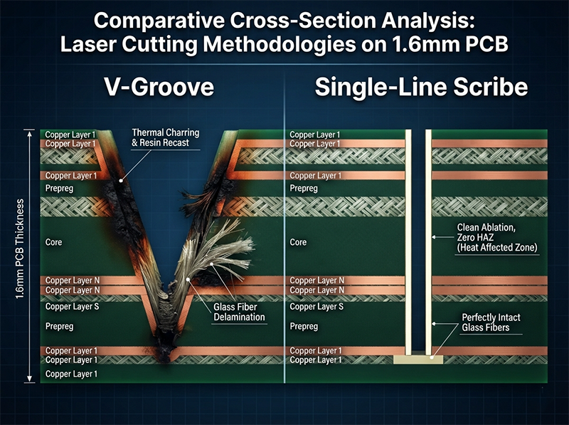 A cross-section comparison diagram of thick PCB cutting, showing thermal damage and delamination from a V-groove cut versus a clean, narrow single-line laser scribe with zero heat-affected zone.