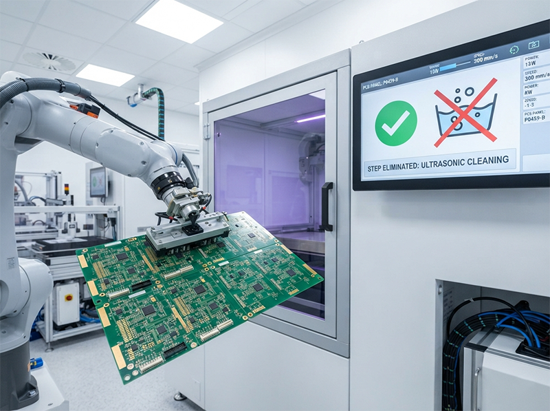 A robotic arm transporting a cleanly cut PCB directly from a UV laser station to downstream processing, visually demonstrating the elimination of the ultrasonic cleaning step due to zero edge carbonization.
