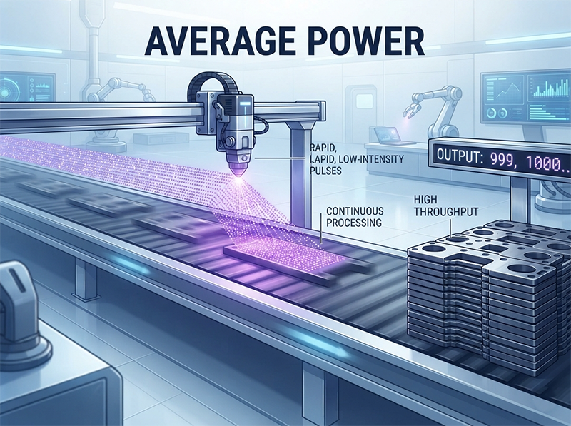 An illustration of laser average power, shown as a rapid stream of many smaller pulses hitting a workpiece on a conveyor, symbolizing high throughput and the quantity-focused aspect of processing.