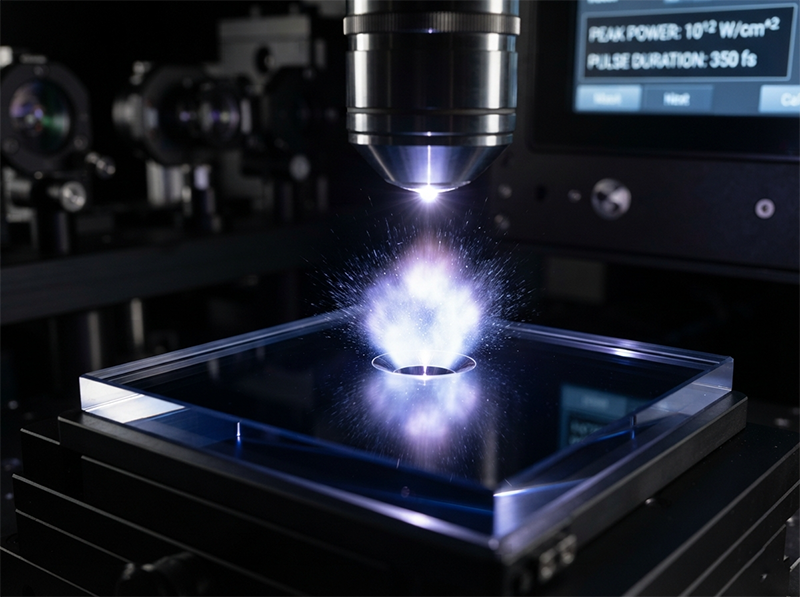 A macro illustration of laser peak power, showing a single, intense pulse cleanly vaporizing material, symbolizing the high-quality, precision-focused aspect of processing with zero thermal damage.