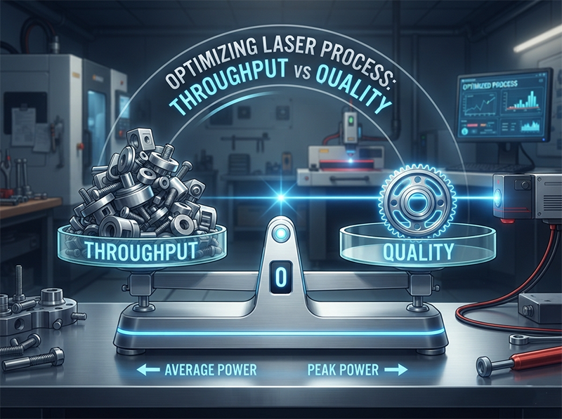 A conceptual image of a balancing scale, with a stack of parts labeled "Throughput" on one side and a single perfect part labeled "Quality" on the other, illustrating the need to balance peak and average power for an optimal laser process.