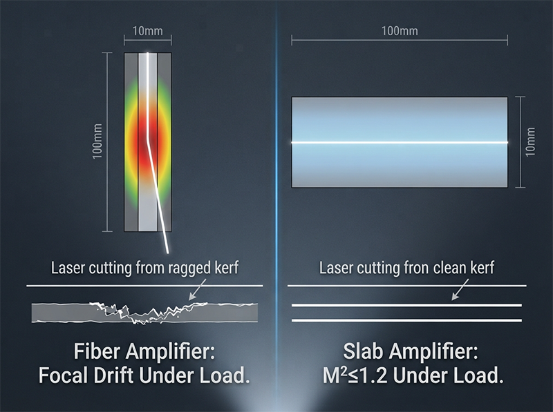 physics cross-section diagram comparing thermal gradient and beam path behavior in fiber amplifier versus slab amplifier architectures, showing how amplifier choice causes focal drift and kerf quality degradation in high-speed SiC wafer dicing.