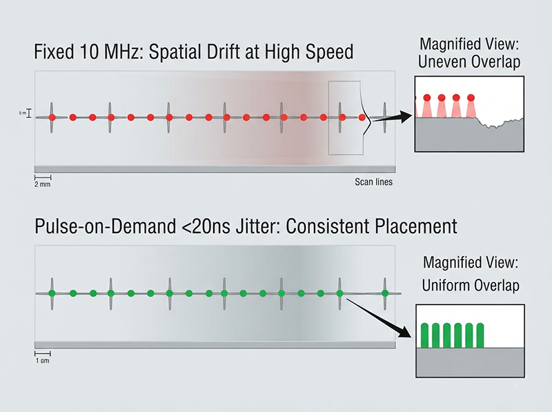 A technical diagram comparing fixed-frequency laser pulse placement versus pulse-on-demand delivery at high galvo scan speeds, showing how timing jitter causes spatial drift and edge quality degradation in semiconductor micro-machining.