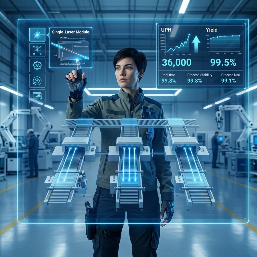 An engineer designing a next-generation production line, choosing a single-laser system to triple throughput and increase yield, illustrating a smart decision framework for scaling manufacturing.