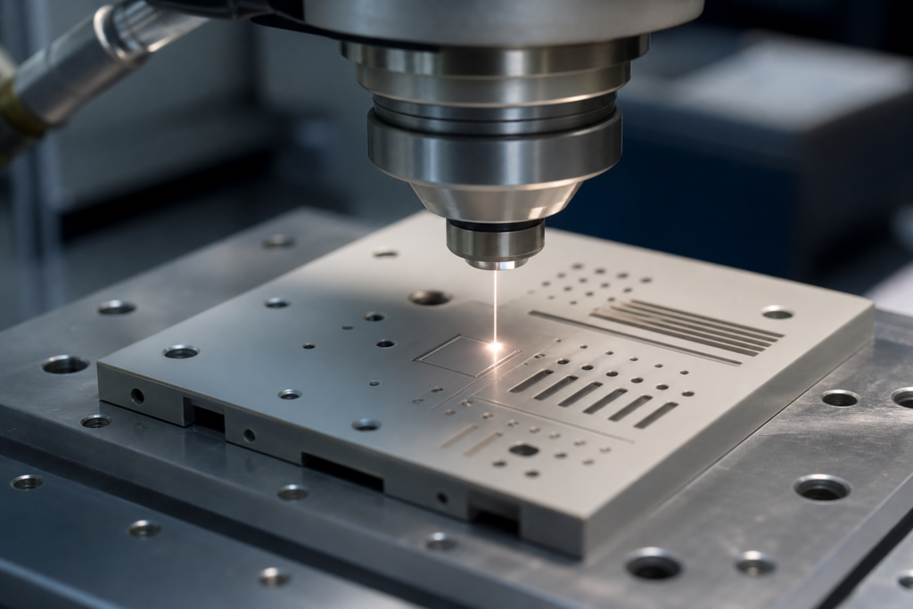 Precision laser micromachining of a ceramic part, illustrating process fit to tolerance and heat-affected zone rather than peak power.