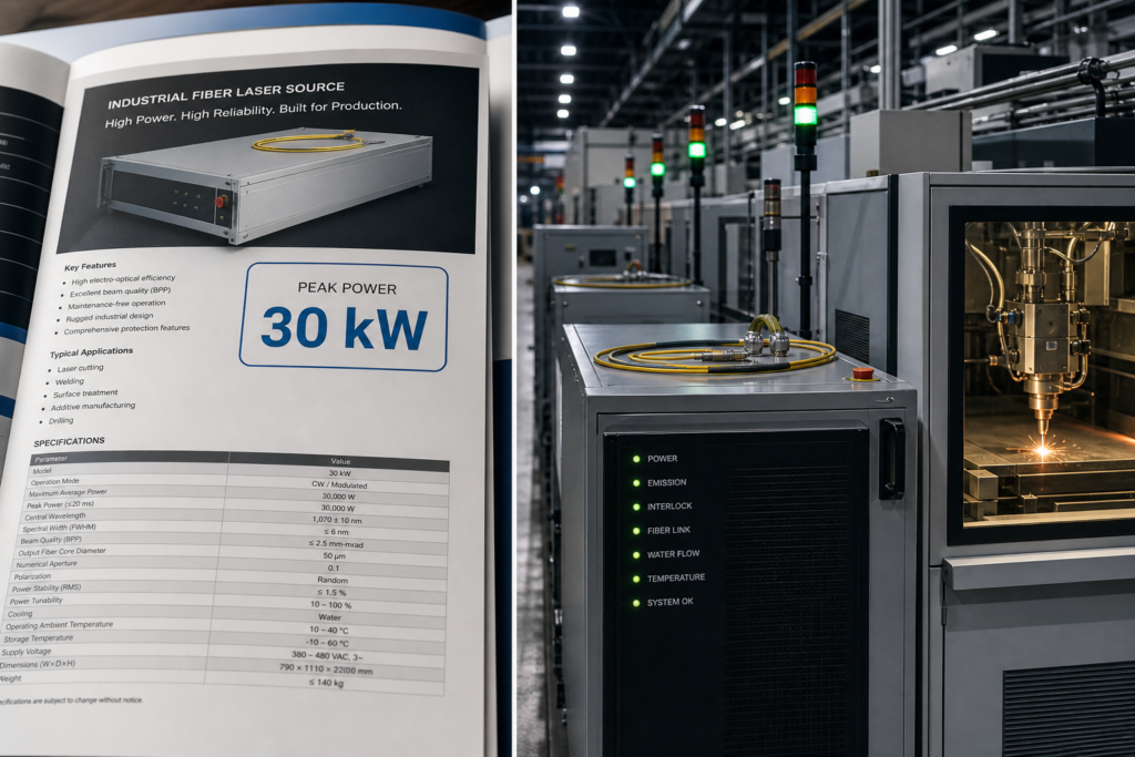 Side-by-side contrast of a peak-power datasheet claim versus a laser source running stable multi-shift production.