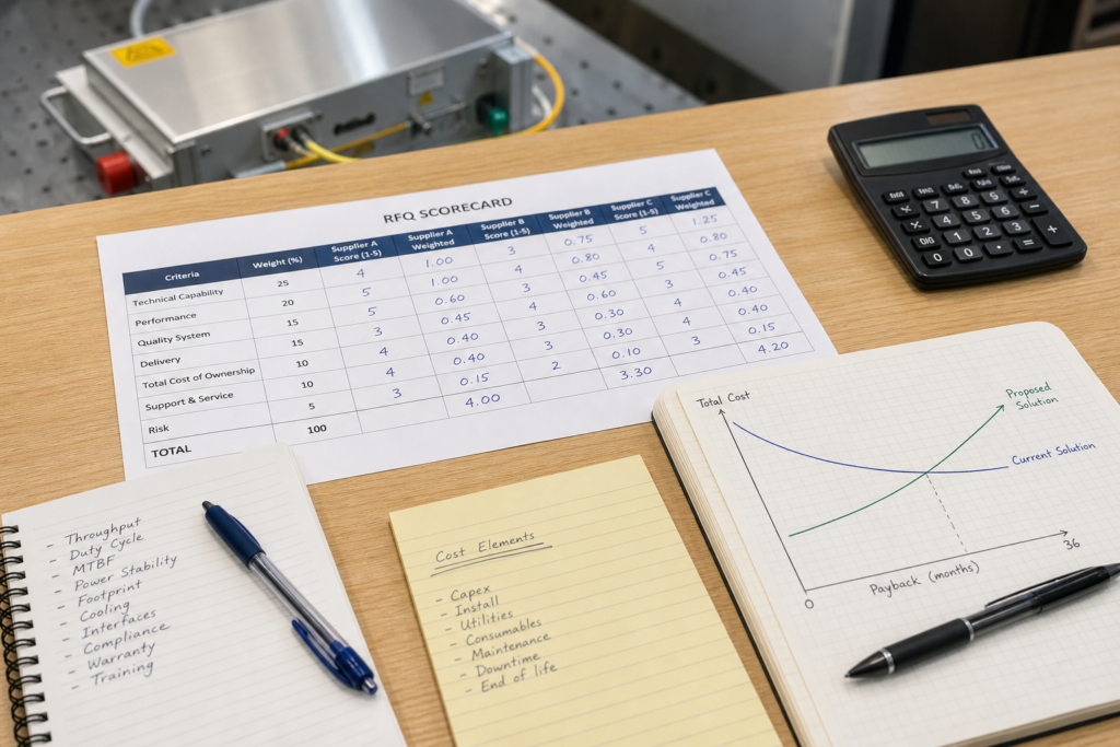 RFQ scorecard and payback notes used to rank ultrafast laser suppliers by total cost of ownership instead of brochure peak power.