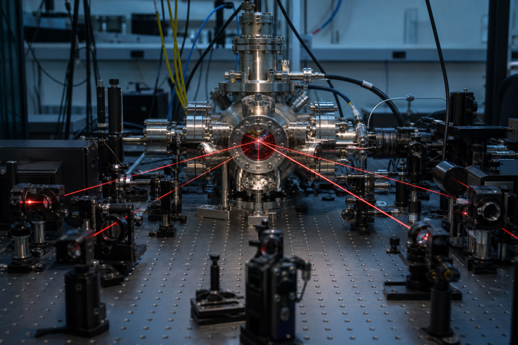 Laser-cooling optical setup with intersecting beams into a vacuum chamber for coherent atomic addressing.