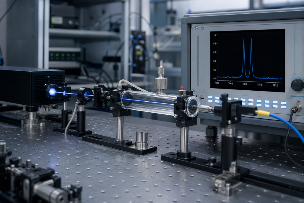 High-resolution spectroscopy bench resolving two closely spaced spectral lines from a narrow-linewidth laser source.