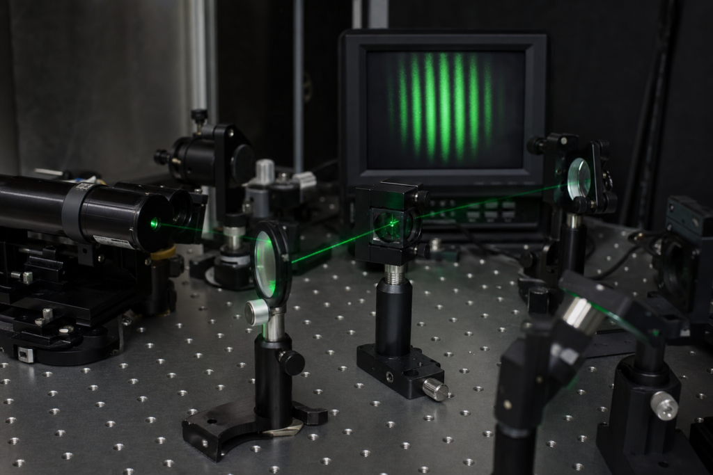 Precision interferometer on an optical table showing stable interference fringes from a coherent narrow-linewidth laser.