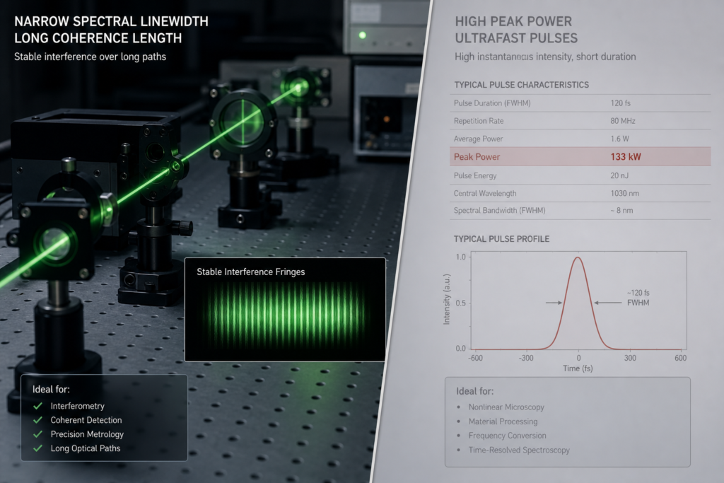 Side-by-side contrast of long-coherence interference fringes versus a de-emphasized peak-power datasheet claim.