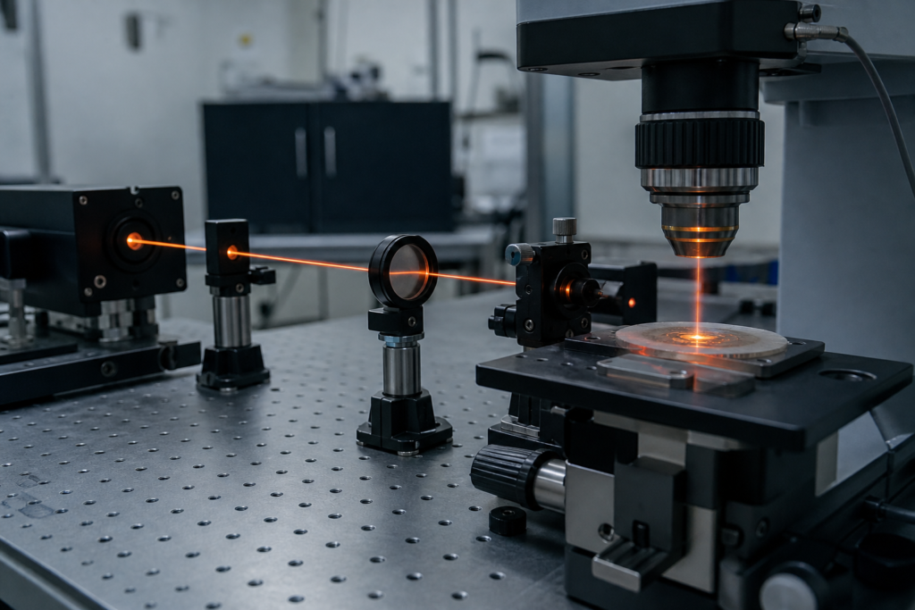 Mid-infrared laser beam delivered through microscope optics onto a sample, illustrating wavelength at the sample plane.