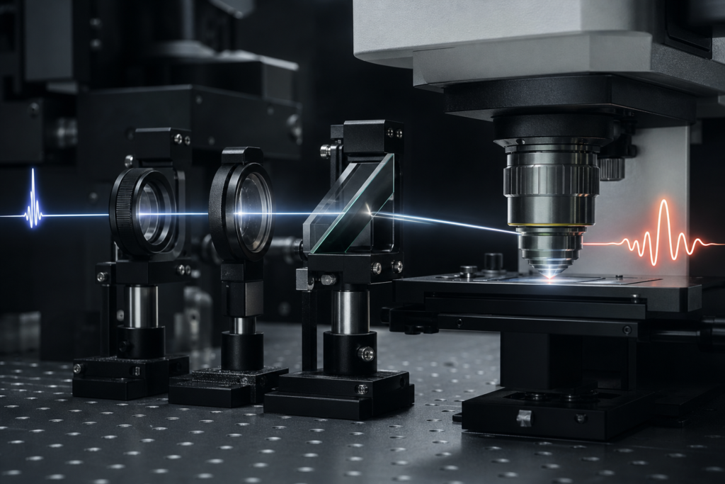 Ultrafast laser pulse passing through lenses and filters in a microscope train, showing pulse stretch after the optical path.