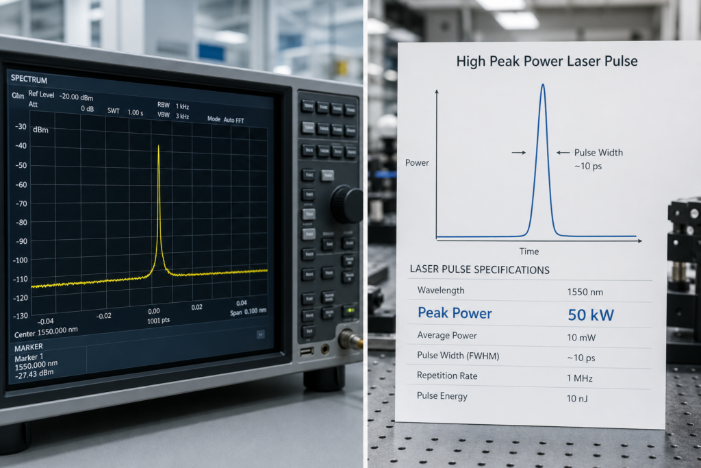 Side-by-side contrast of a narrow spectral linewidth trace versus a peak-power datasheet claim for specialty laser detection.