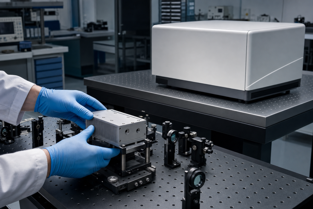 Integrating a pure ultrafast laser source into a custom optical setup, with a sealed turnkey instrument visible in the background.