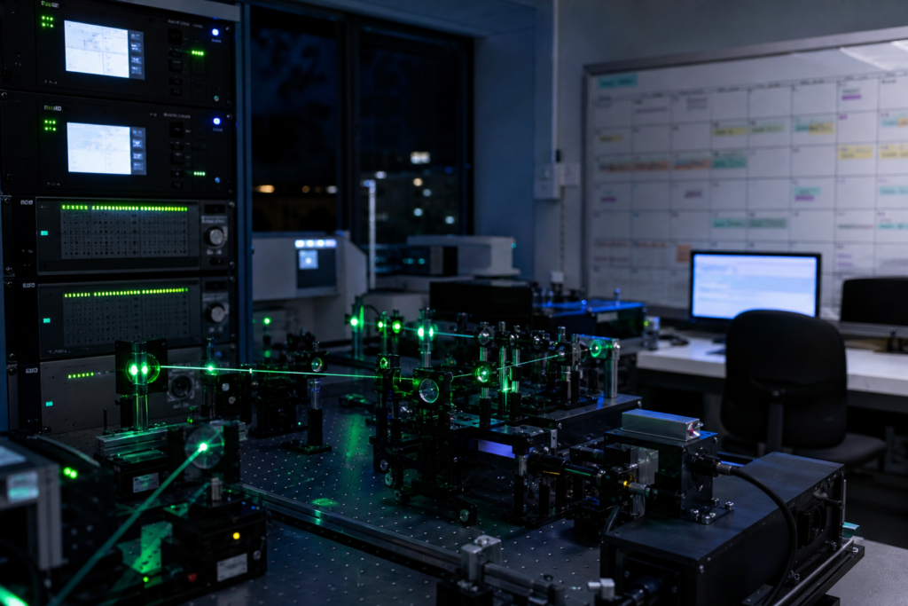 Shared ultrafast laser bay running a multi-hour experiment with stable source indicators to protect research beamtime.