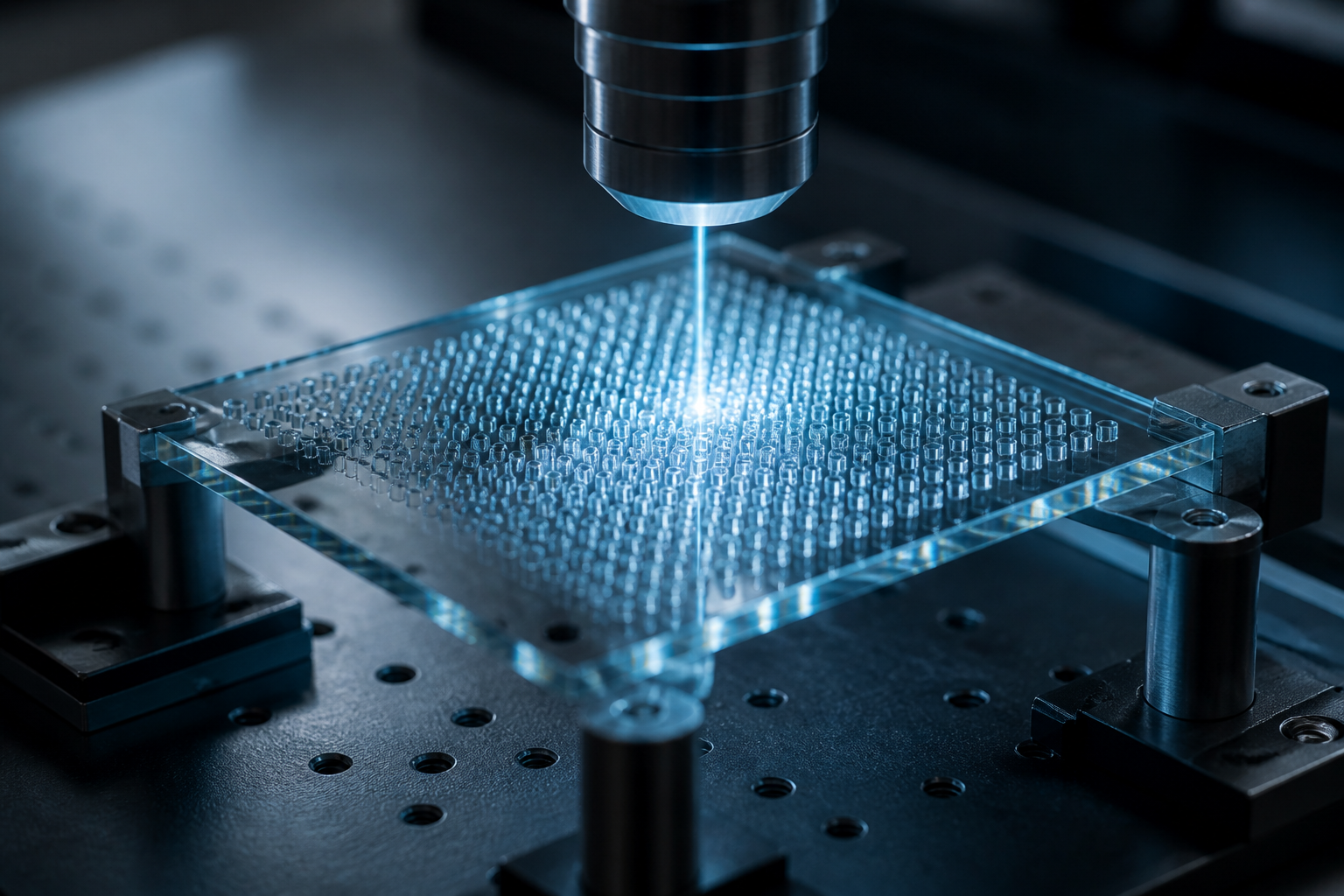 Dense glass interposer with precision TGV array under ultrafast laser illumination for source-spec selection