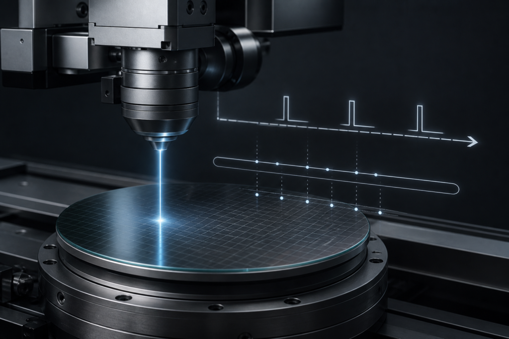 Galvanometer scanner syncing ultrafast laser pulses to the toolpath for position-accurate TGV drilling