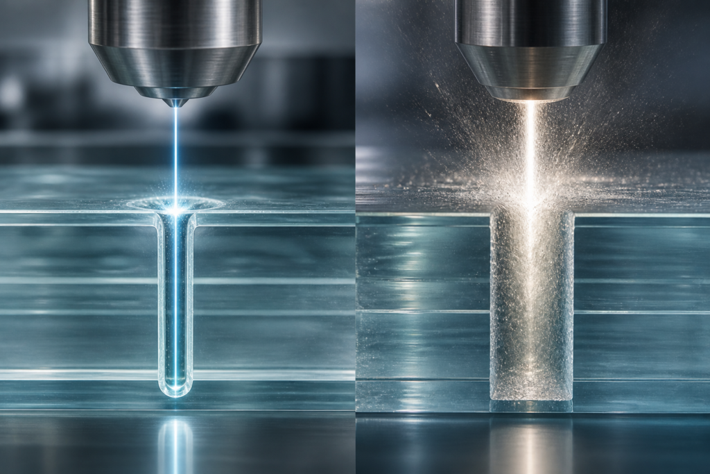 Side-by-side glass vias contrasting cold femtosecond modification and high-energy picosecond percussion drilling