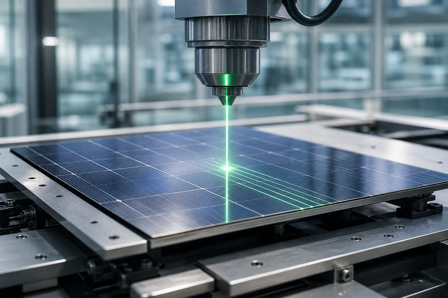 Green picosecond laser selectively grooving the rear dielectric of a BC solar cell wafer on a precision production stage