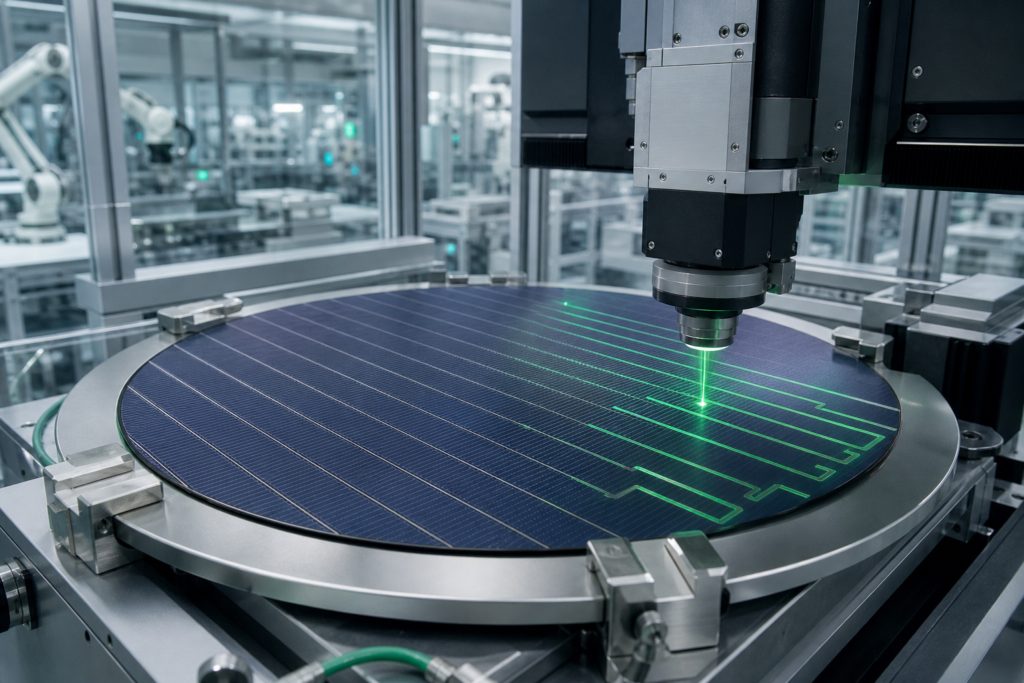 Industrial BC solar patterning station where wavelength choice becomes a production decision for rear dielectric grooving