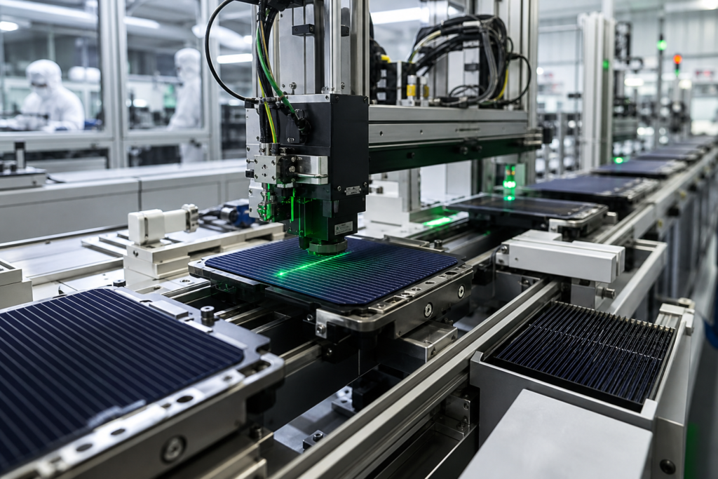 High-volume PV manufacturing line using an industrial green picosecond laser for production-rate BC cell grooving