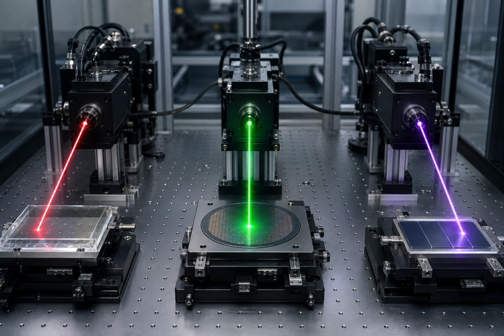 IR, green, and UV laser paths side by side showing green picosecond as one station choice among wavelength families