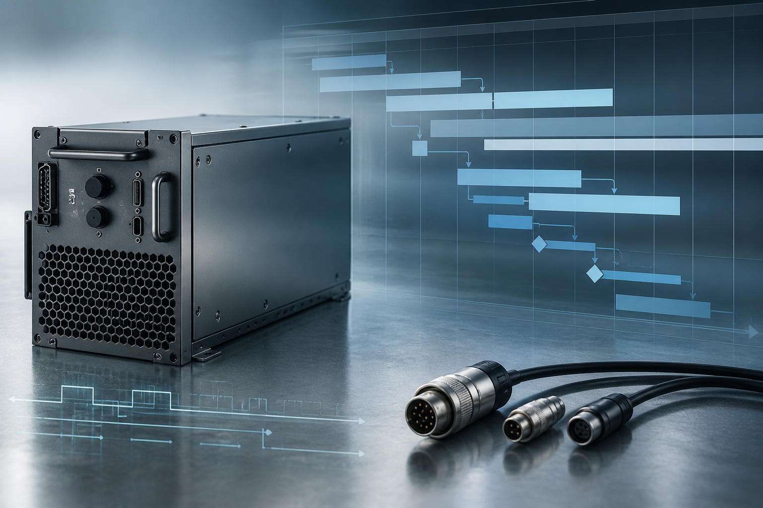 Ultrafast laser source with timeline and interface cabling symbolizing lead time and customization in integrator supplier selection