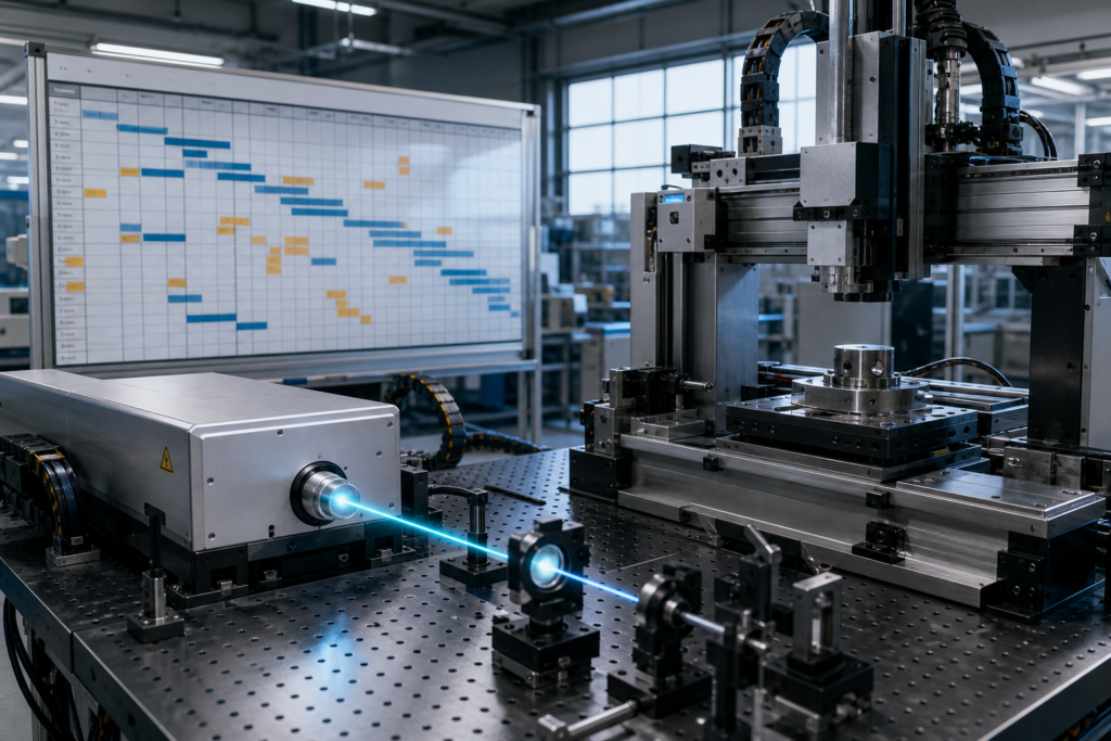 Integrator workcell where ultrafast laser source, motion stages, and delivery schedule collide as one lead-time and customization problem